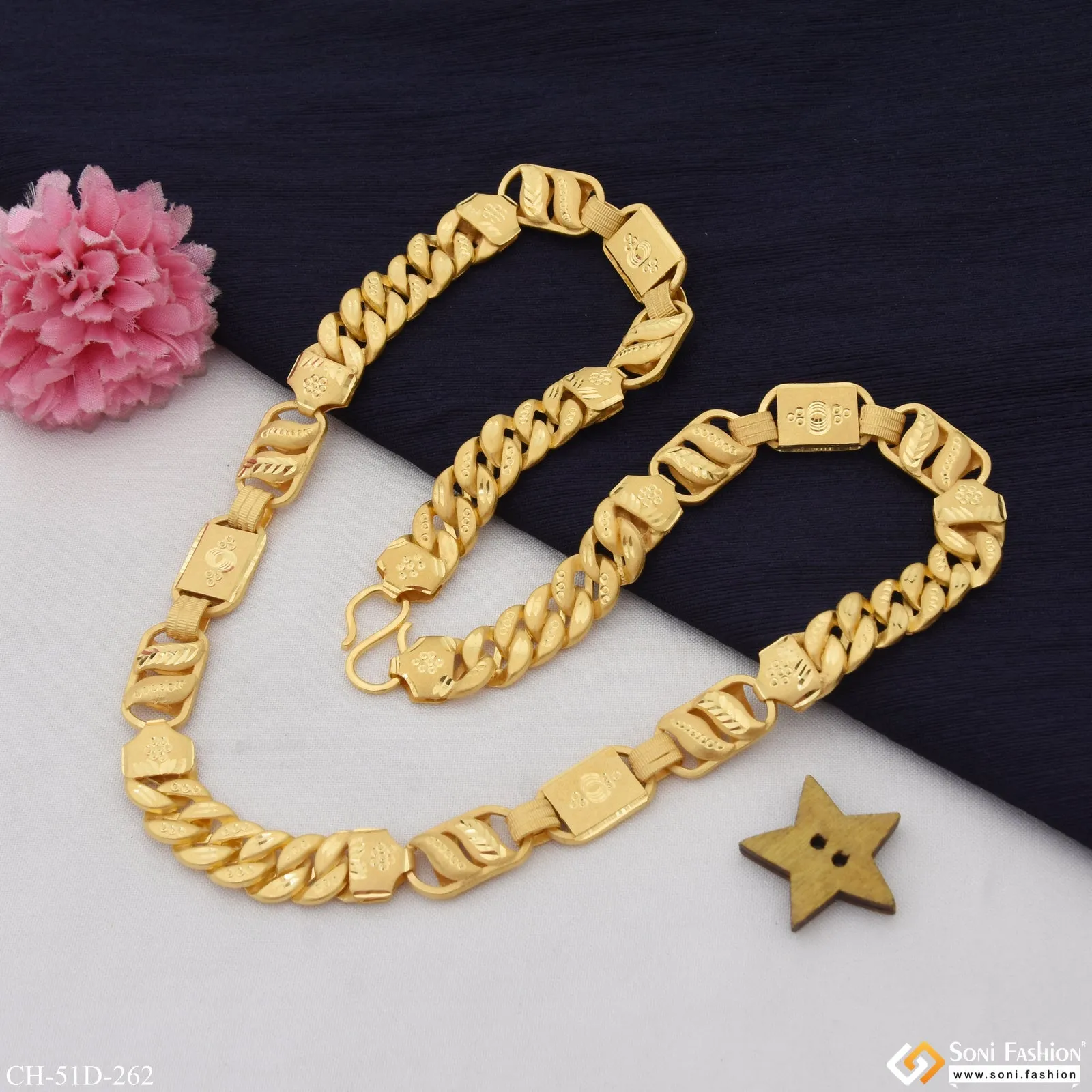 1 Gram Gold Plated 3 In 1 Glittering Design Rajwadi Chain for Men - Style D262