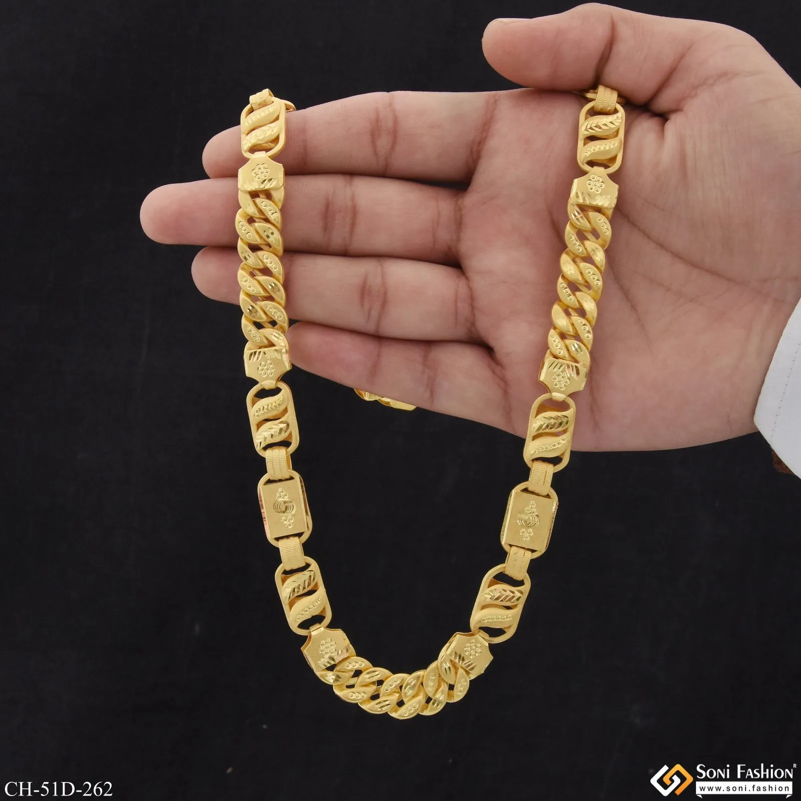 1 Gram Gold Plated 3 In 1 Glittering Design Rajwadi Chain for Men - Style D262