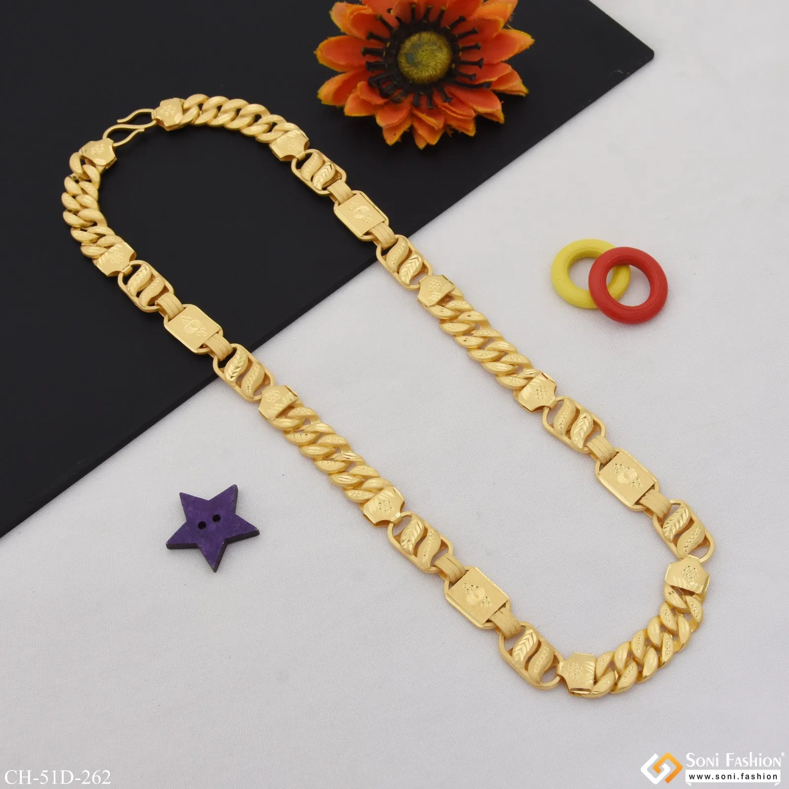 1 Gram Gold Plated 3 In 1 Glittering Design Rajwadi Chain for Men - Style D262