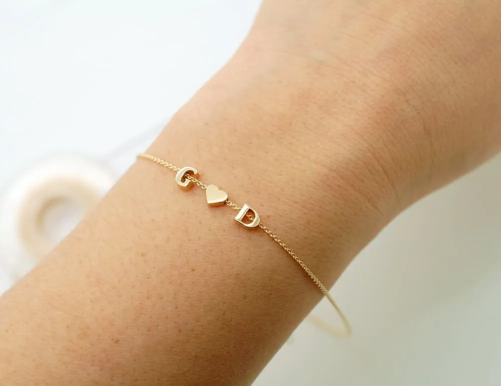 14K Gold Letter Bracelet add Tiny Initials, Heart or Star - Solid Gold Charms