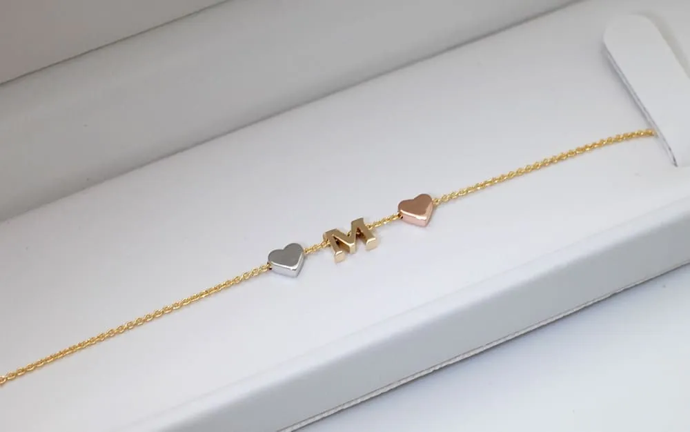 14K Gold Letter Bracelet add Tiny Initials, Heart or Star - Solid Gold Charms