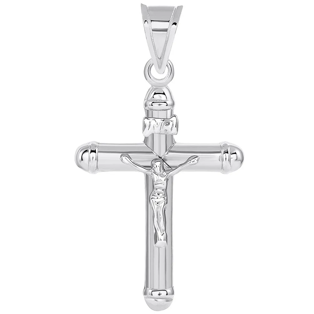 14k White Gold Flat Tubuar INRI Crucifix Cross Pendant Necklace