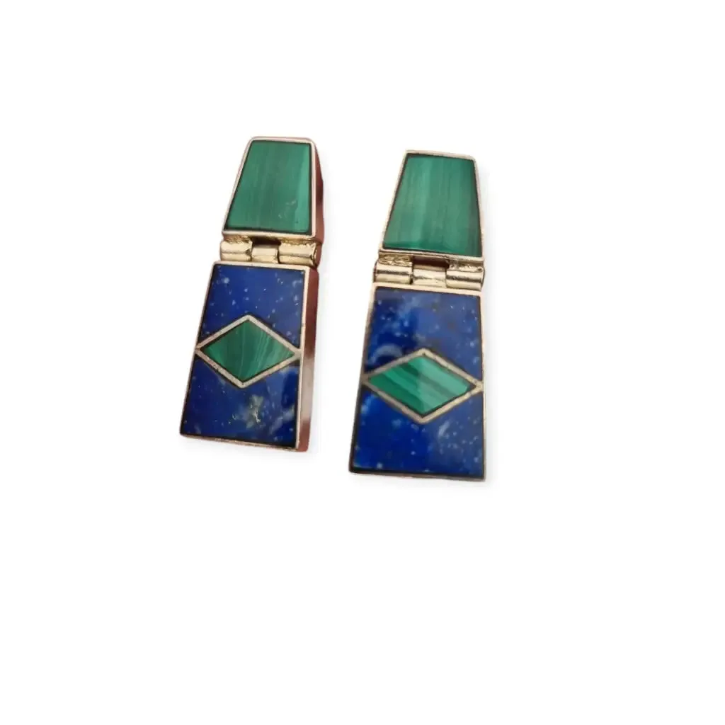 950 Silver Boho Earrings with Green Malachite and Blue Lapis Lazuli, Mexico.