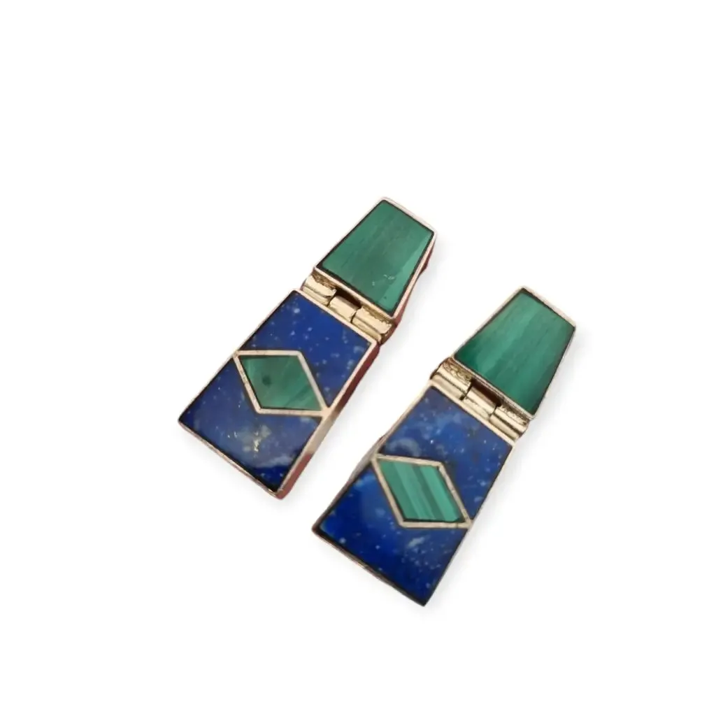 950 Silver Boho Earrings with Green Malachite and Blue Lapis Lazuli, Mexico.