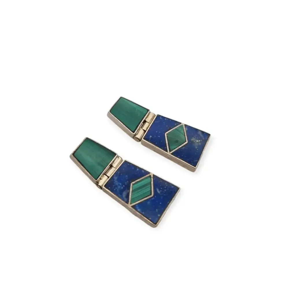950 Silver Boho Earrings with Green Malachite and Blue Lapis Lazuli, Mexico.
