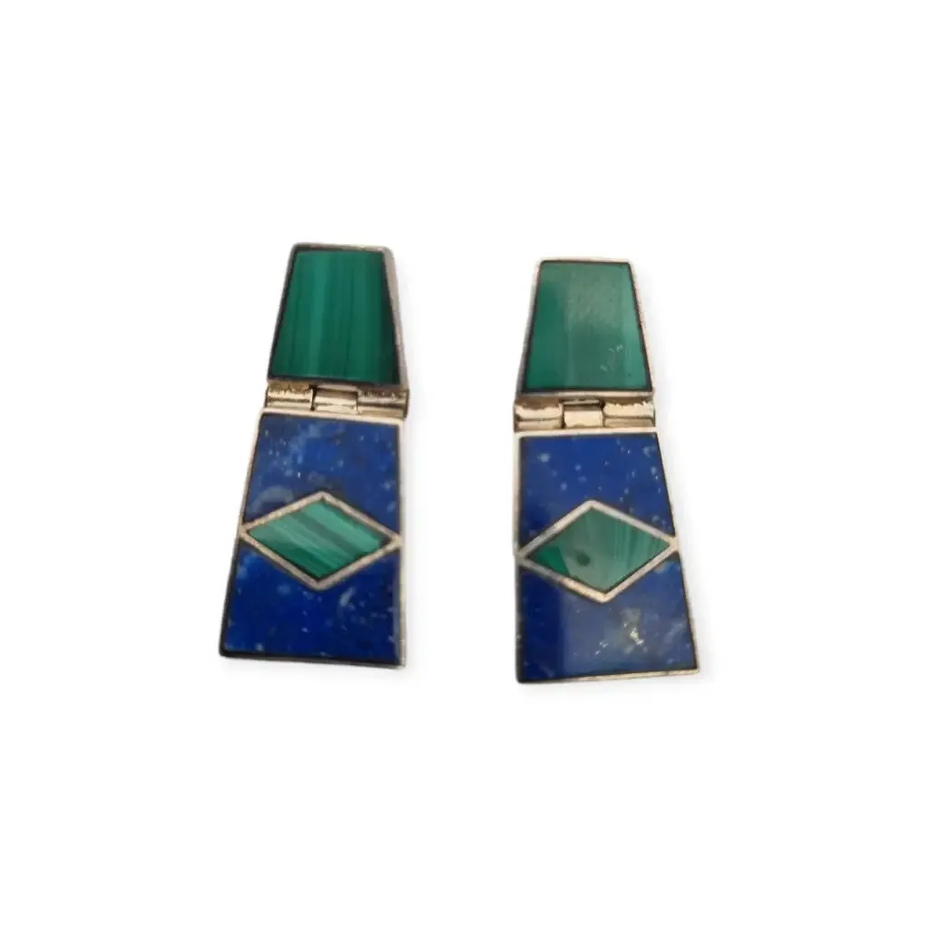 950 Silver Boho Earrings with Green Malachite and Blue Lapis Lazuli, Mexico.