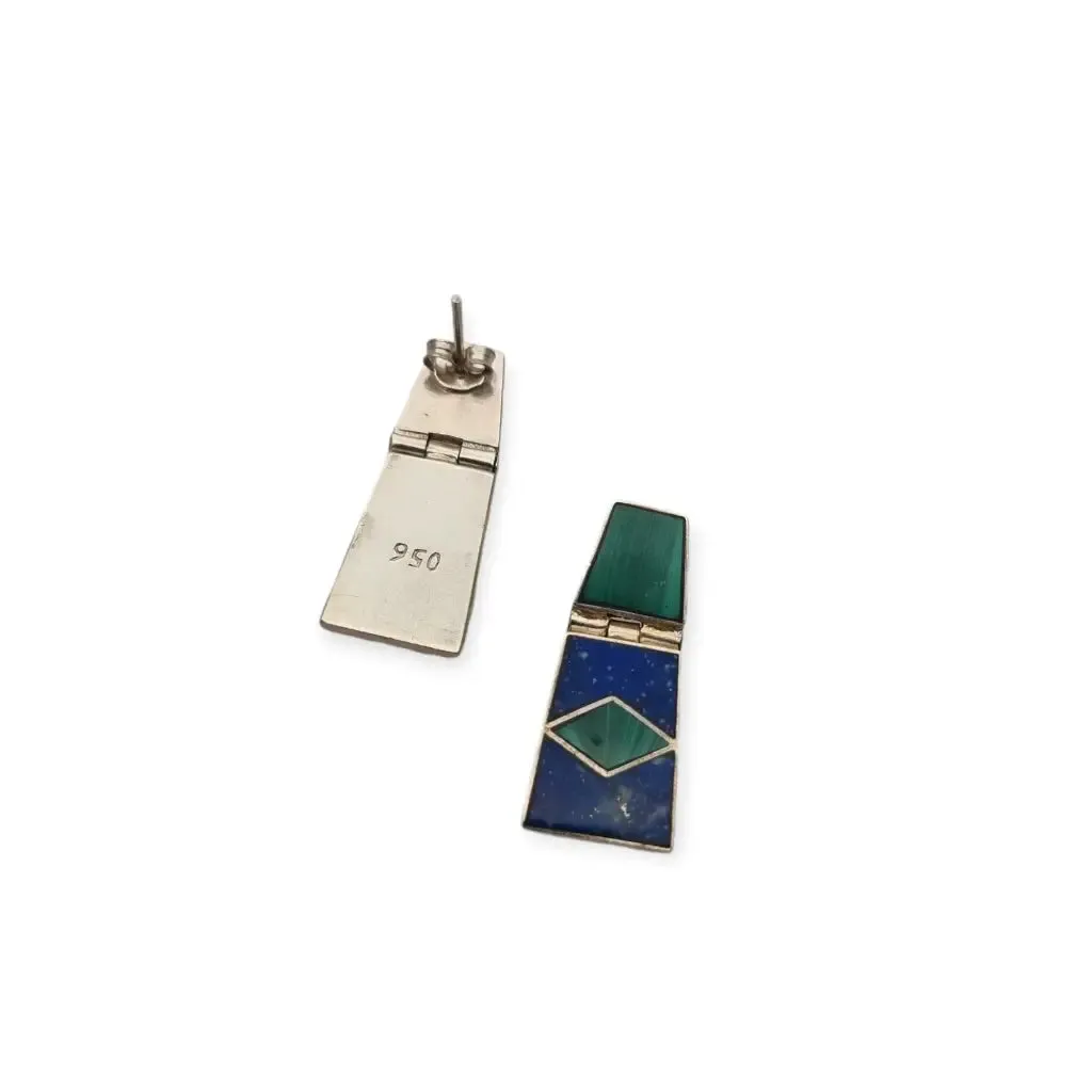 950 Silver Boho Earrings with Green Malachite and Blue Lapis Lazuli, Mexico.