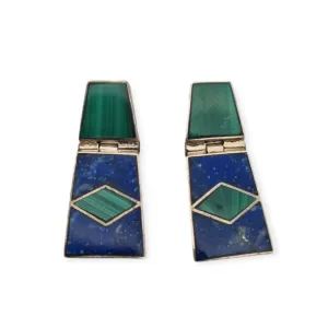 950 Silver Boho Earrings with Green Malachite and Blue Lapis Lazuli, Mexico.