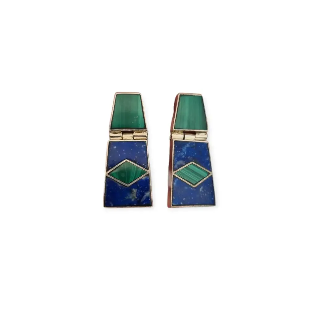 950 Silver Boho Earrings with Green Malachite and Blue Lapis Lazuli, Mexico.