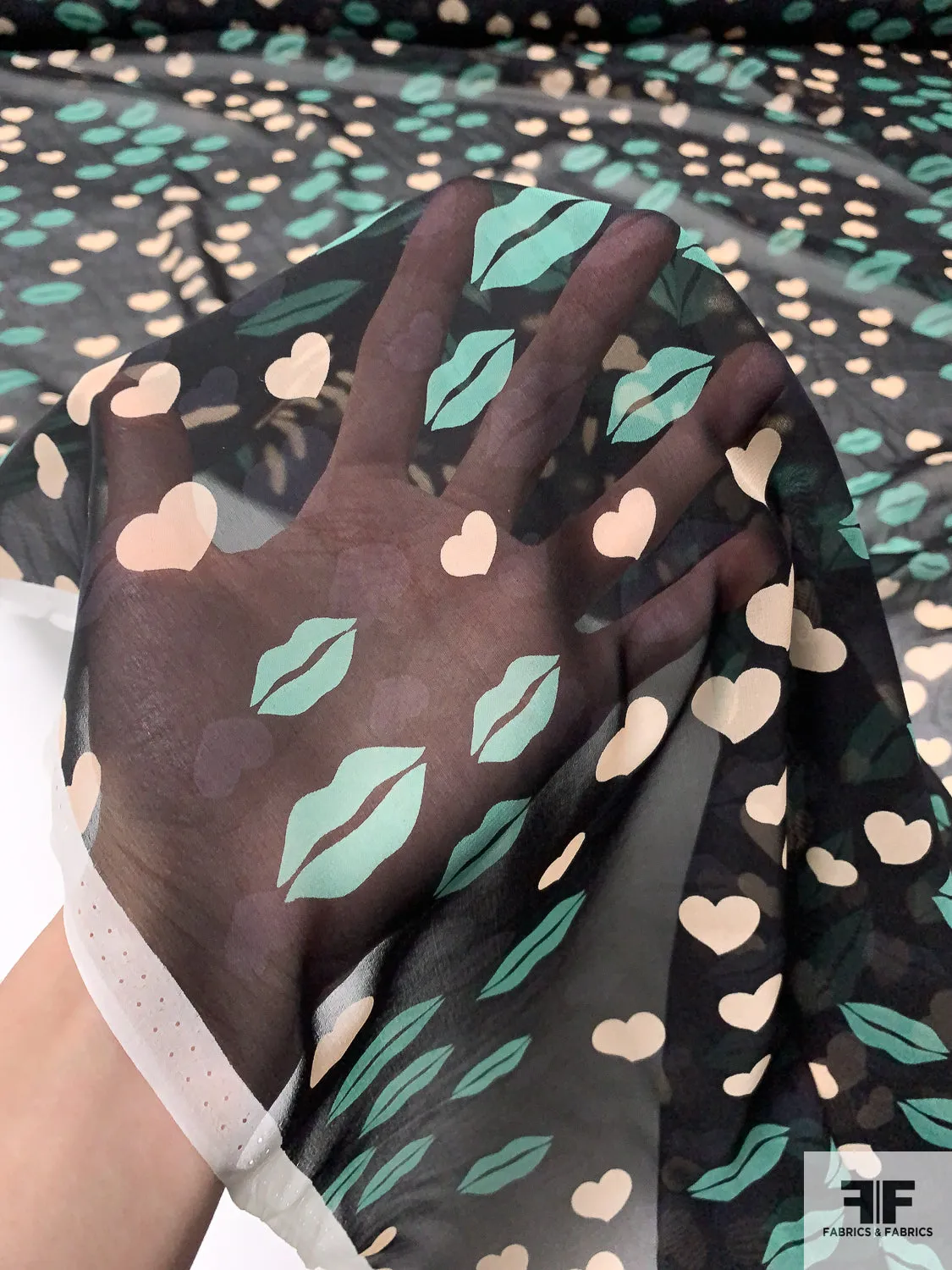 Anna Sui Lips and Hearts Printed Silk Chiffon - Medium Aquamarine / Nude-Blush / Black