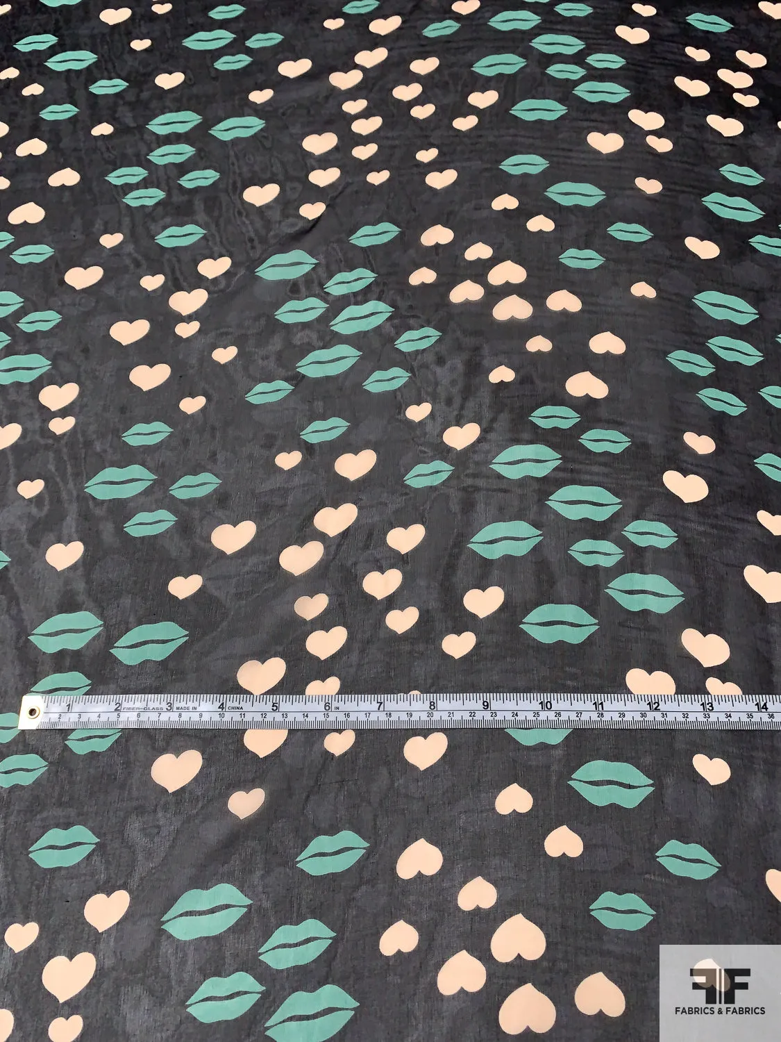 Anna Sui Lips and Hearts Printed Silk Chiffon - Medium Aquamarine / Nude-Blush / Black