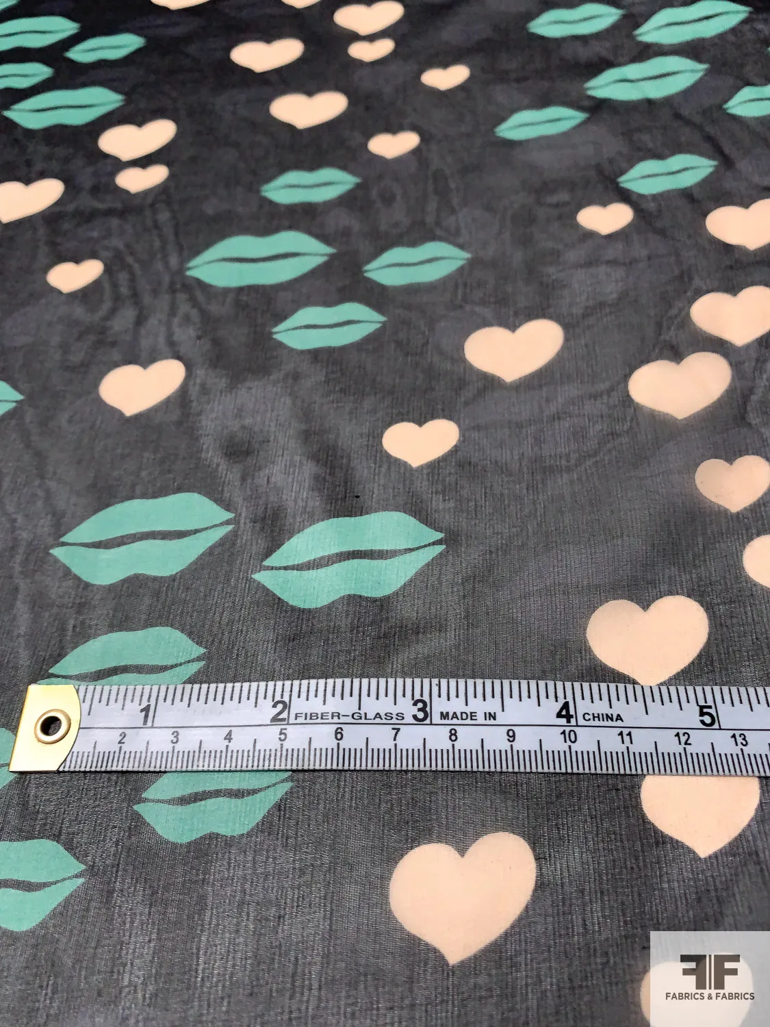 Anna Sui Lips and Hearts Printed Silk Chiffon - Medium Aquamarine / Nude-Blush / Black