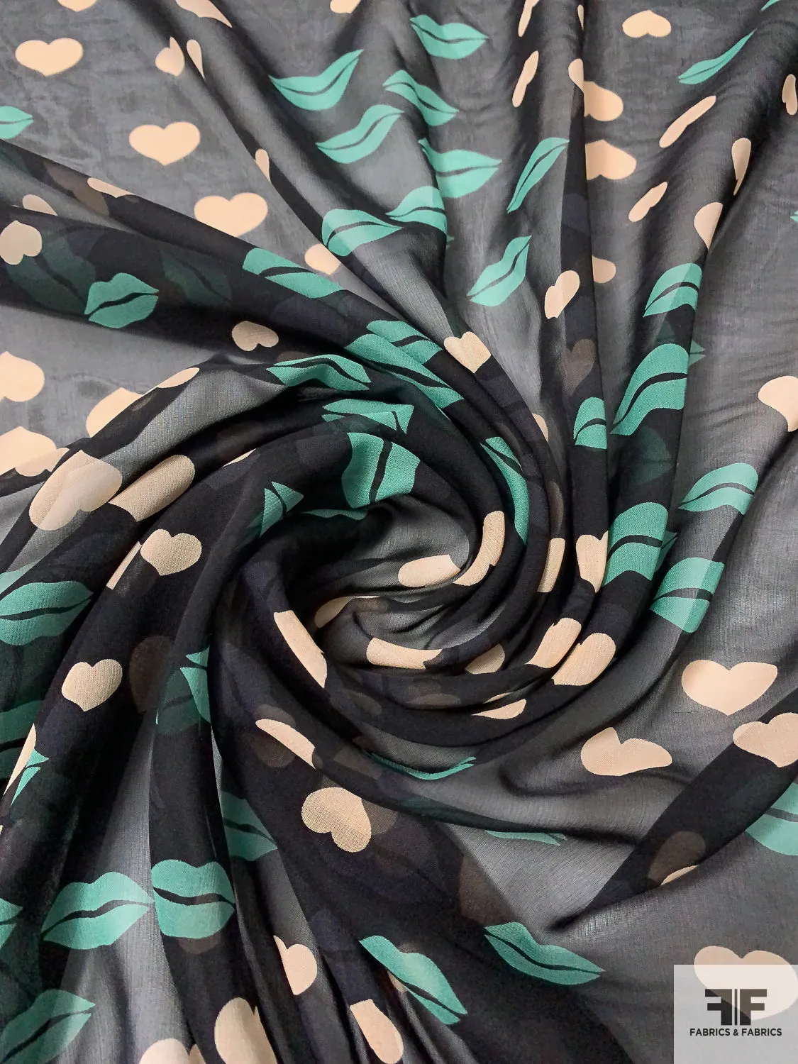 Anna Sui Lips and Hearts Printed Silk Chiffon - Medium Aquamarine / Nude-Blush / Black
