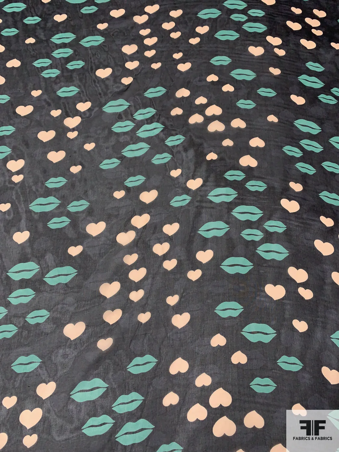 Anna Sui Lips and Hearts Printed Silk Chiffon - Medium Aquamarine / Nude-Blush / Black