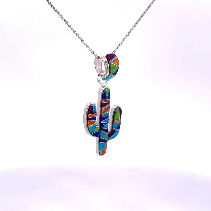 Arizona Turquoise and Inlaid Jewelry Colorful Saguaro Cactus Pendant