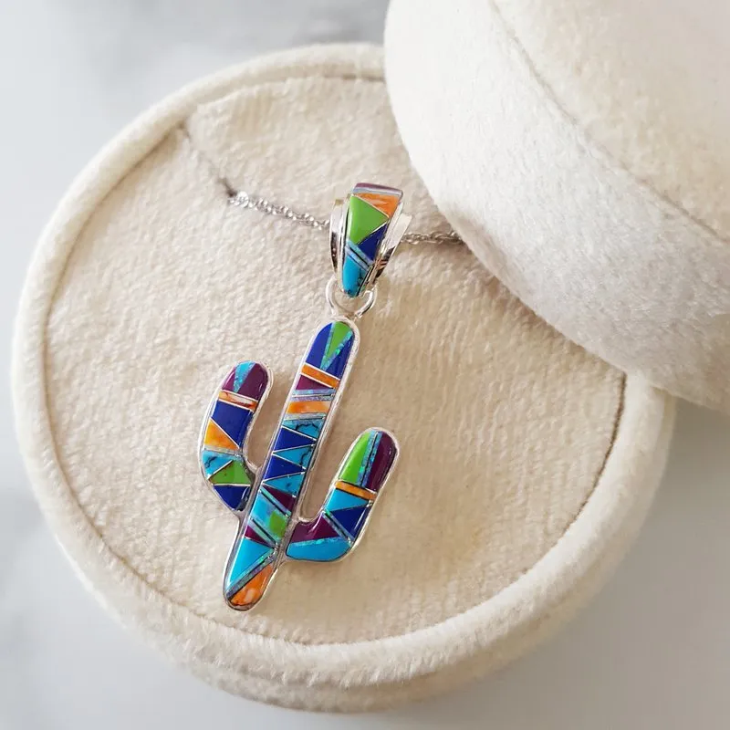 Arizona Turquoise and Inlaid Jewelry Colorful Saguaro Cactus Pendant