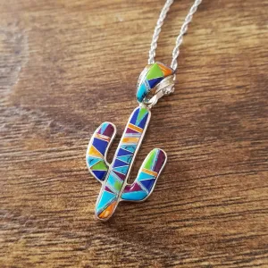 Arizona Turquoise and Inlaid Jewelry Colorful Saguaro Cactus Pendant