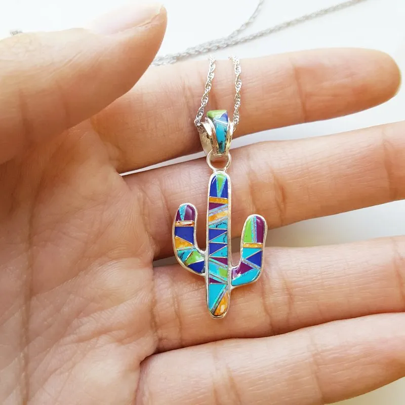 Arizona Turquoise and Inlaid Jewelry Colorful Saguaro Cactus Pendant