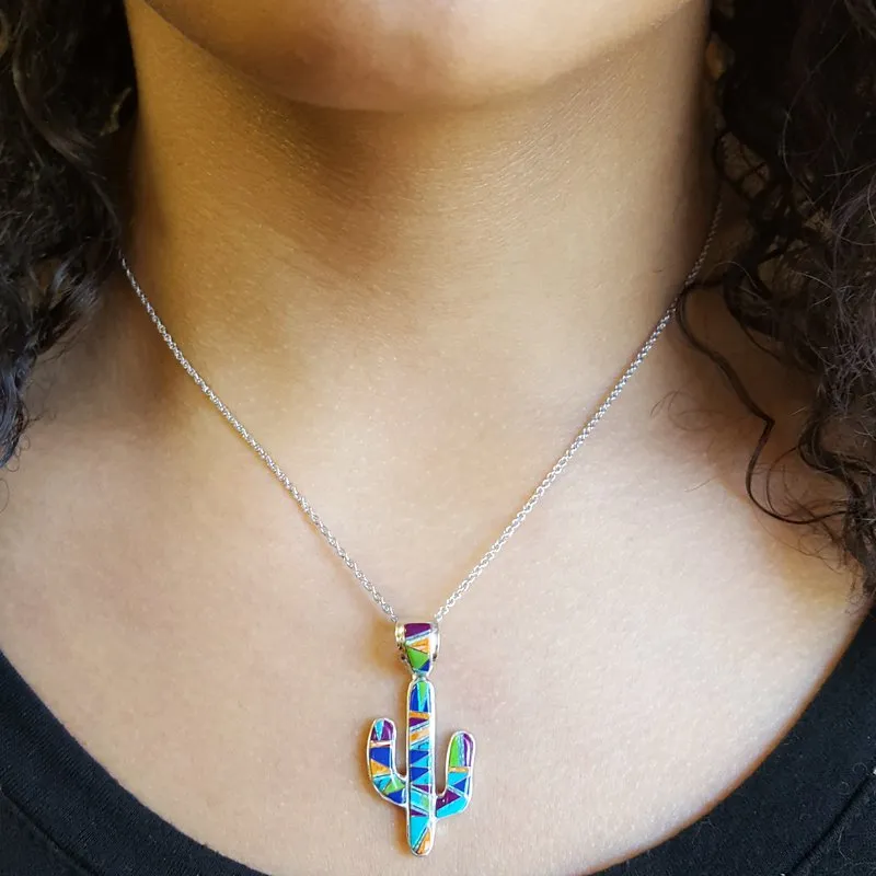 Arizona Turquoise and Inlaid Jewelry Colorful Saguaro Cactus Pendant