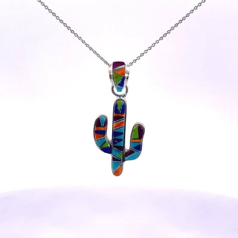 Arizona Turquoise and Inlaid Jewelry Colorful Saguaro Cactus Pendant