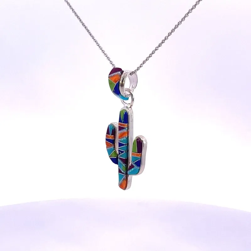 Arizona Turquoise and Inlaid Jewelry Colorful Saguaro Cactus Pendant