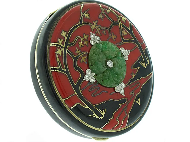 Art Deco Chinoiserie Compact with Jade and Diamonds in 14K