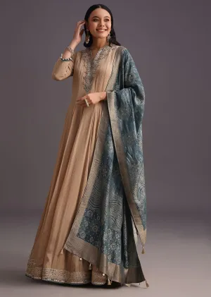 Beige Embroidered Anarkali With Banarasi Weave Dupatta