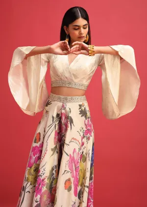 Beige Floral Printed Tissue Crop Top And Palazzo