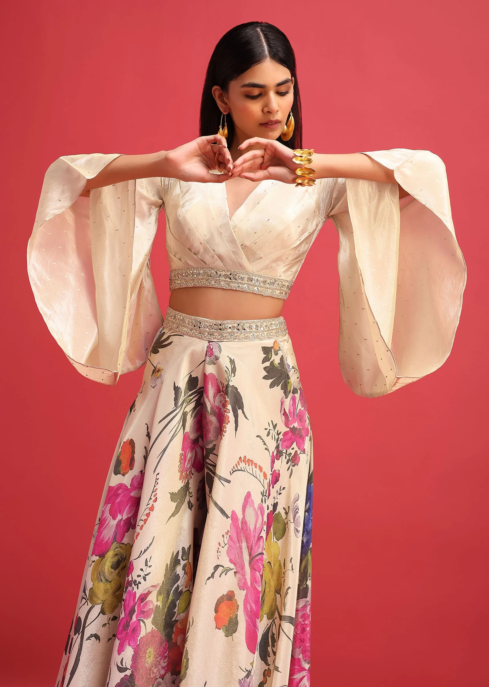Beige Floral Printed Tissue Crop Top And Palazzo