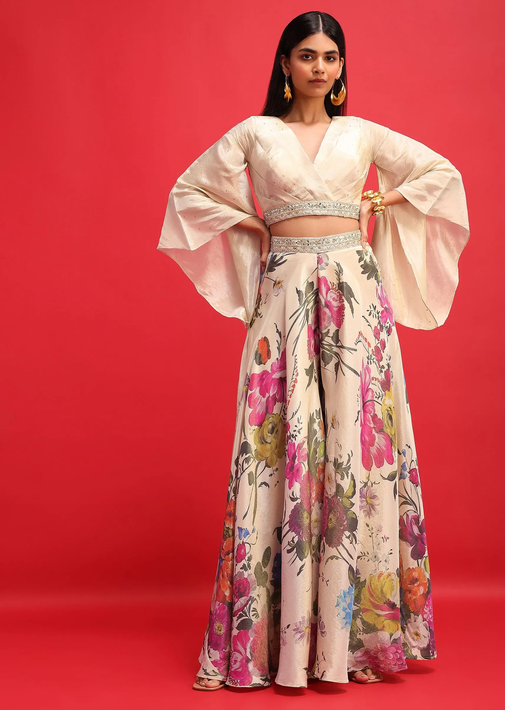 Beige Floral Printed Tissue Crop Top And Palazzo