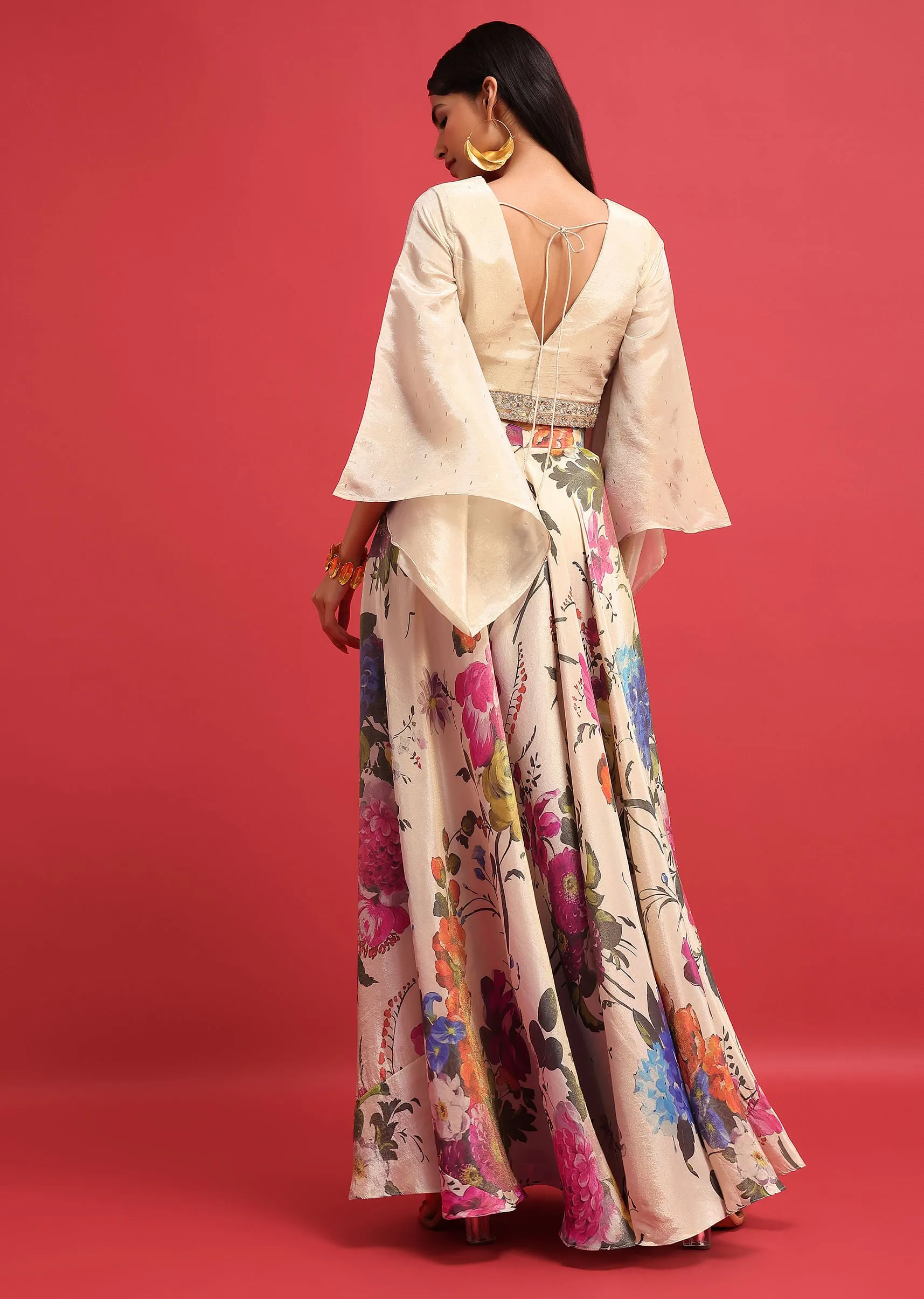 Beige Floral Printed Tissue Crop Top And Palazzo