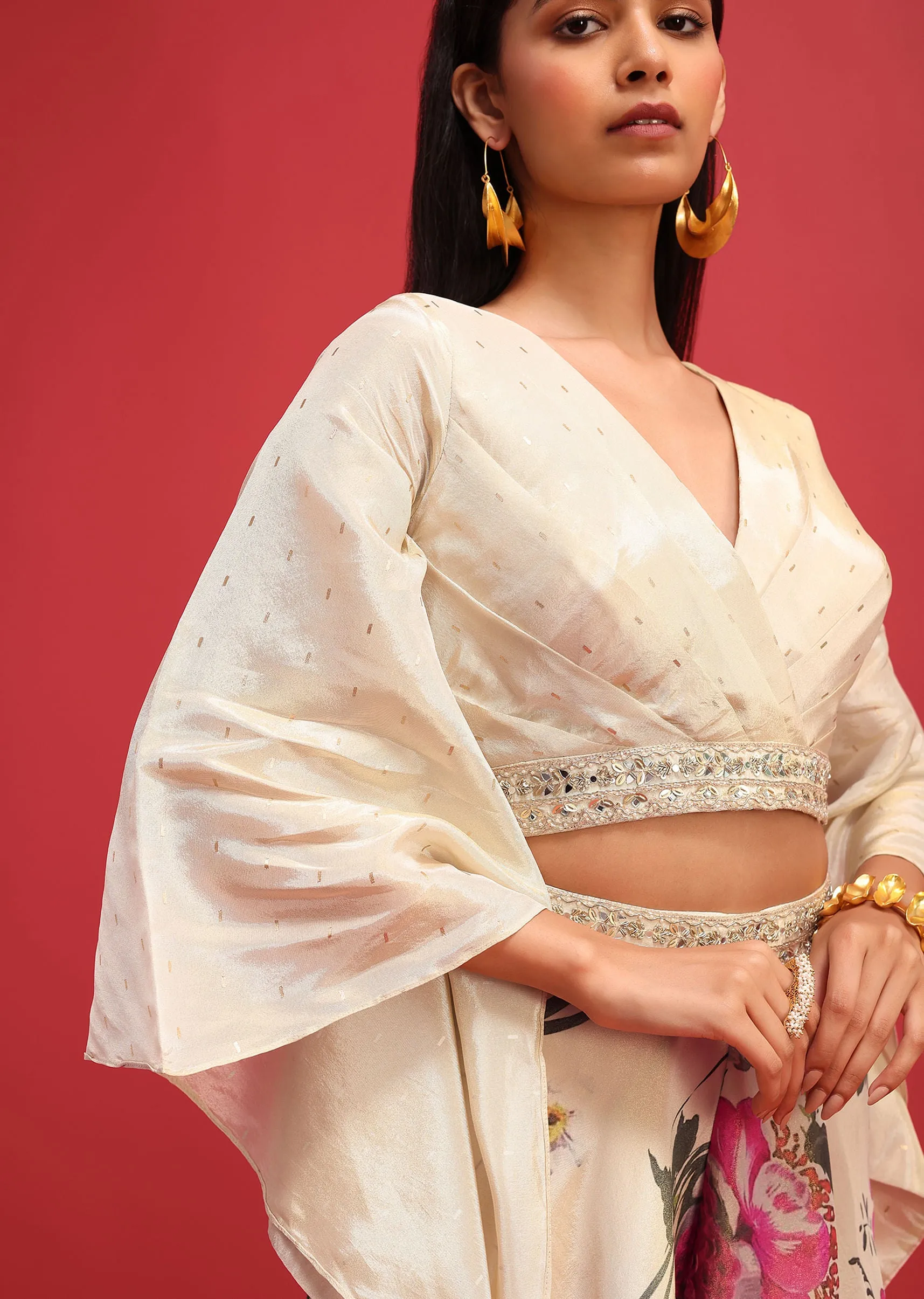 Beige Floral Printed Tissue Crop Top And Palazzo