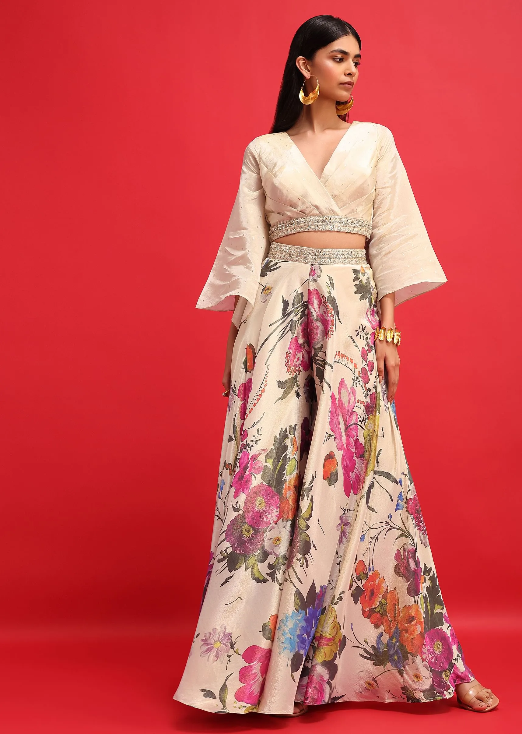 Beige Floral Printed Tissue Crop Top And Palazzo