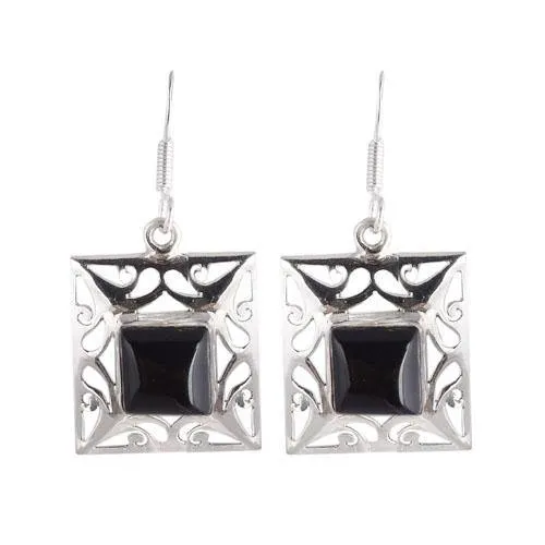 Black Onyx Jali Silver Earring