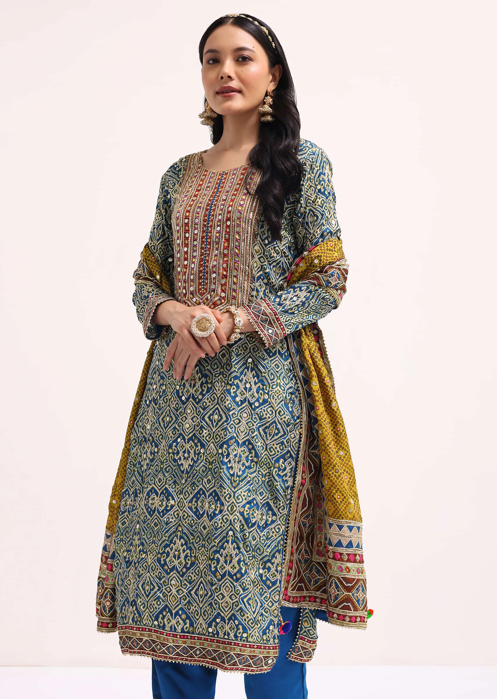 Blue Printed Satin Kurta Set With Dupatta