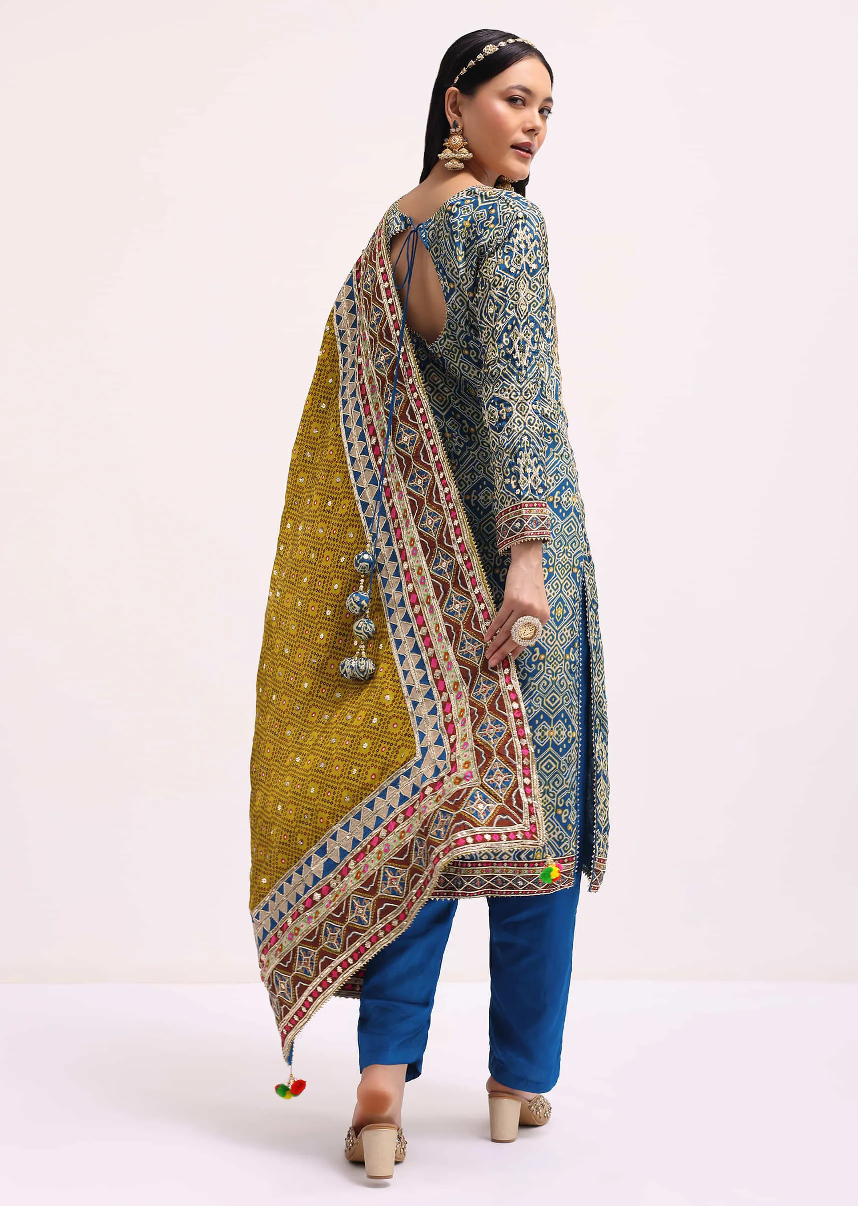 Blue Printed Satin Kurta Set With Dupatta