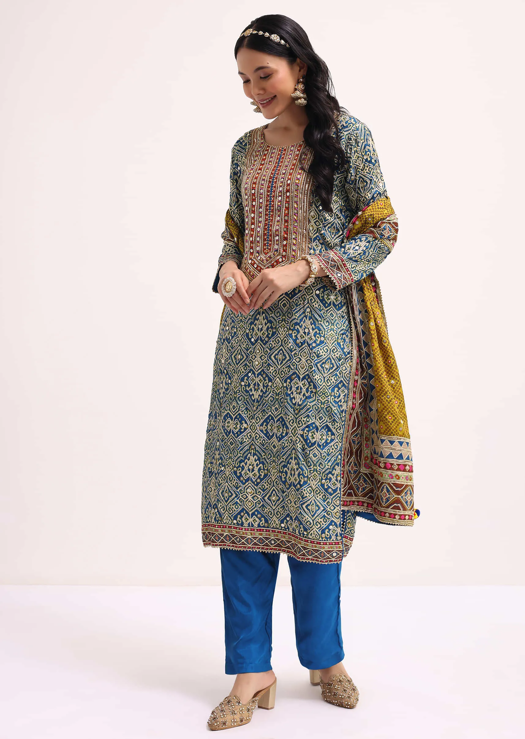 Blue Printed Satin Kurta Set With Dupatta