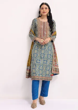Blue Printed Satin Kurta Set With Dupatta