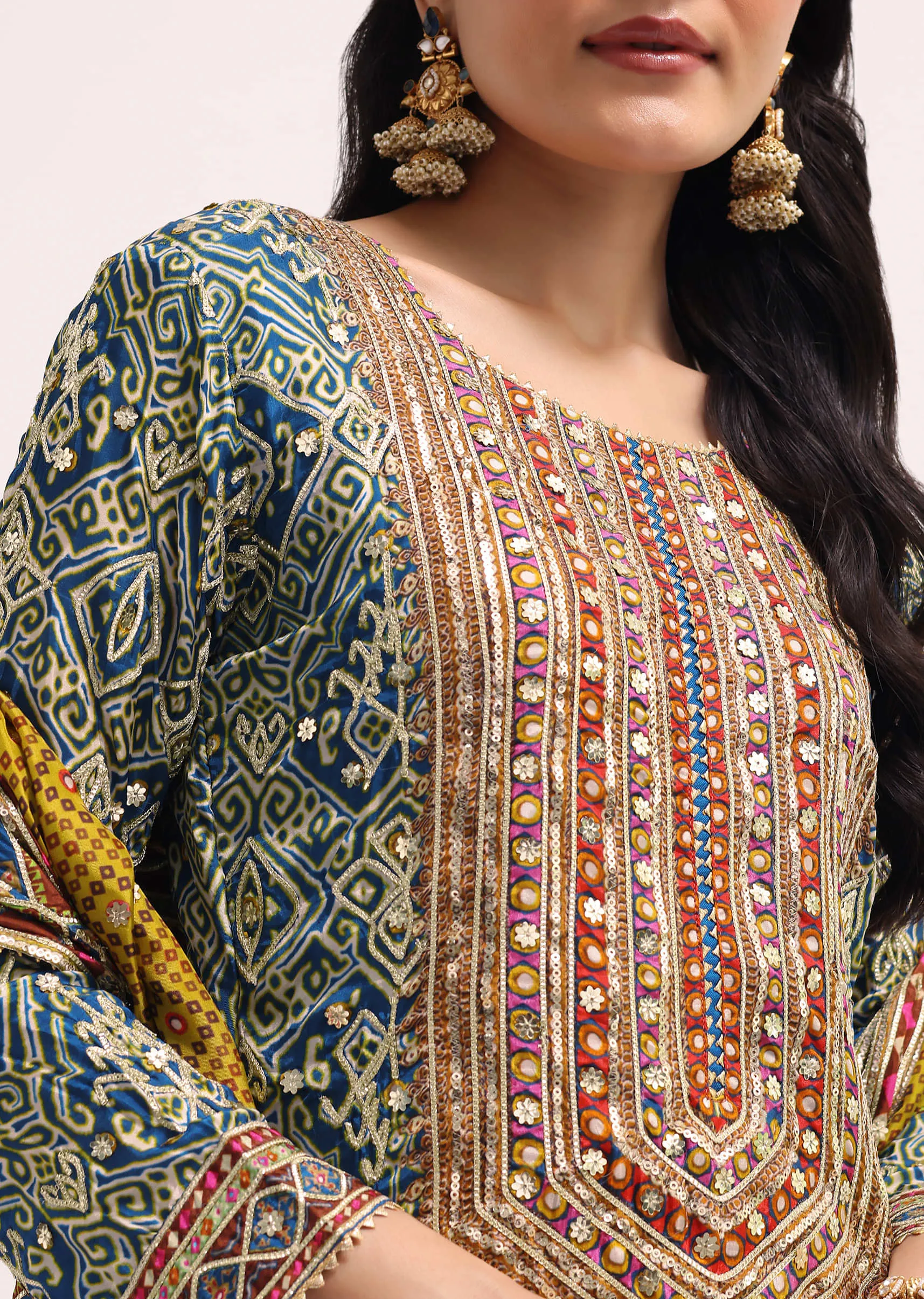 Blue Printed Satin Kurta Set With Dupatta