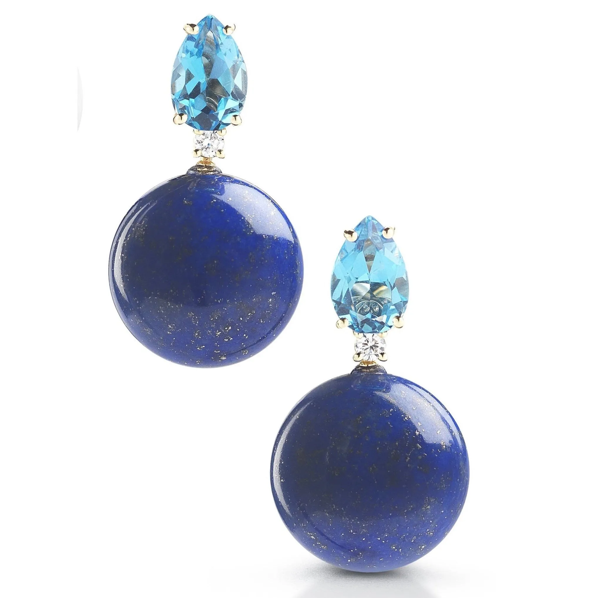 Bonbon - Drop Earrings with Blue Topaz, Lapis Lazuli and Diamonds, 18k Yellow Gold