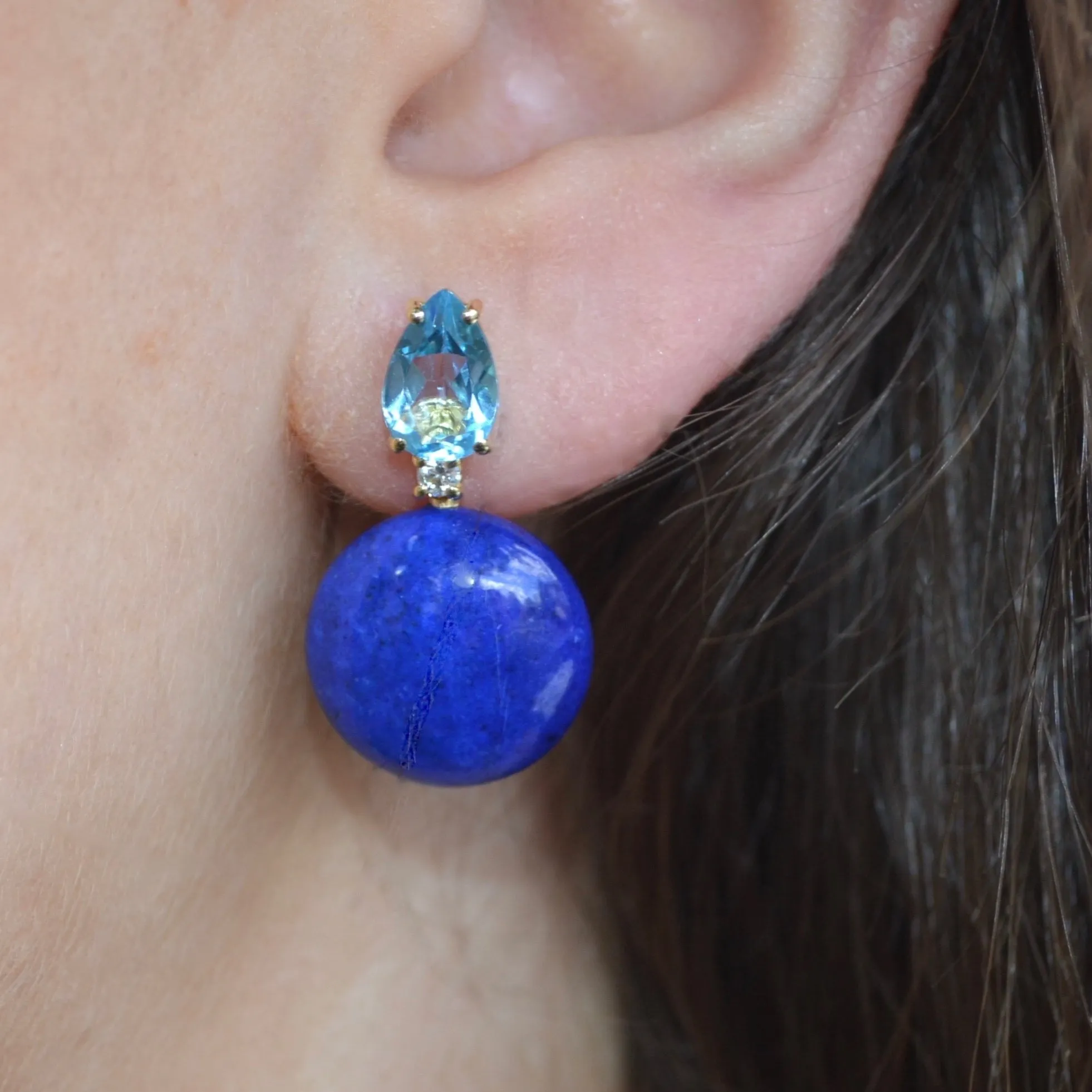 Bonbon - Drop Earrings with Blue Topaz, Lapis Lazuli and Diamonds, 18k Yellow Gold