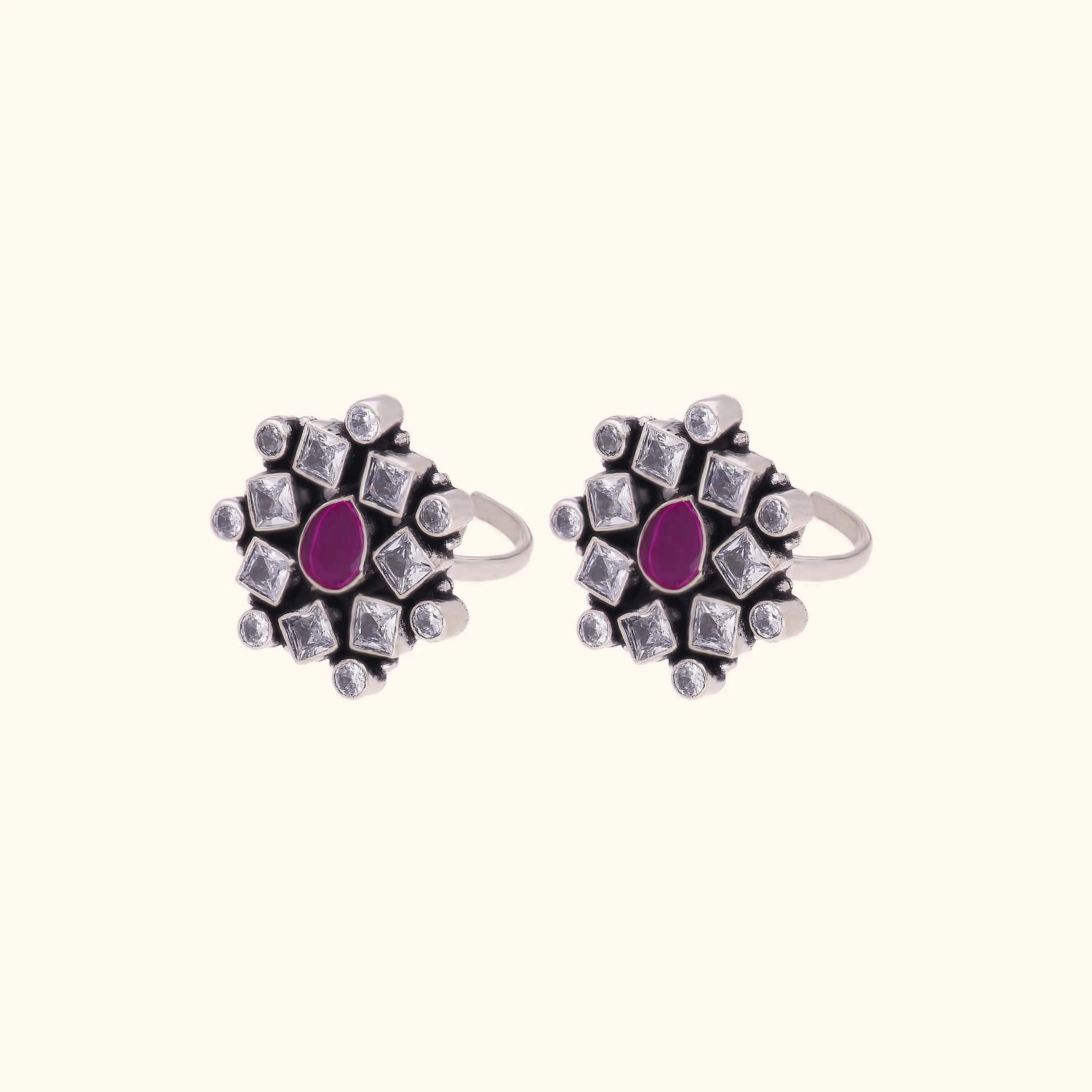 Charming 925 Silver Toe Ring with Pink & White Stones