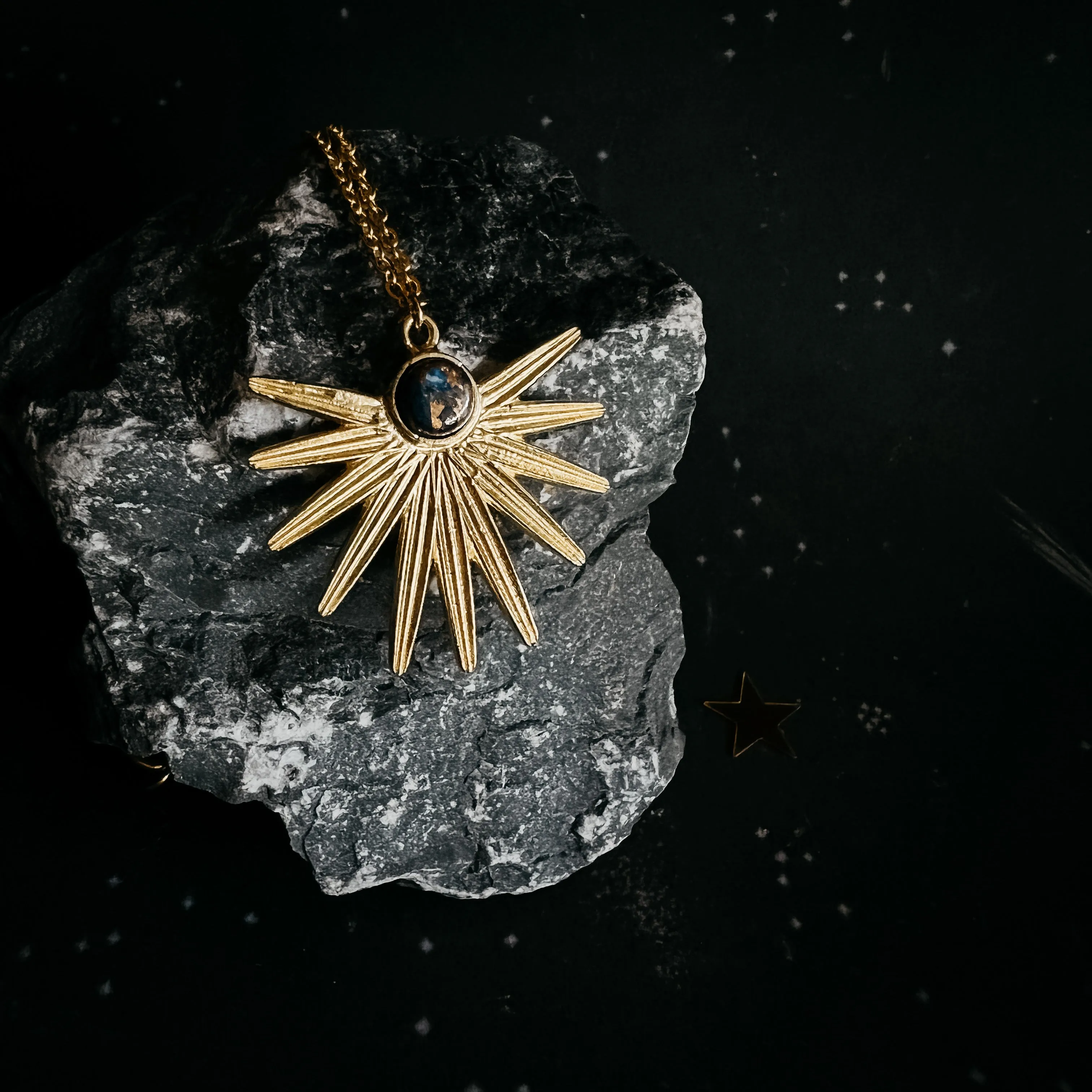 Dark Before the Dawn Sunburst Pendant Necklace with Copper Lapis Lazuli
