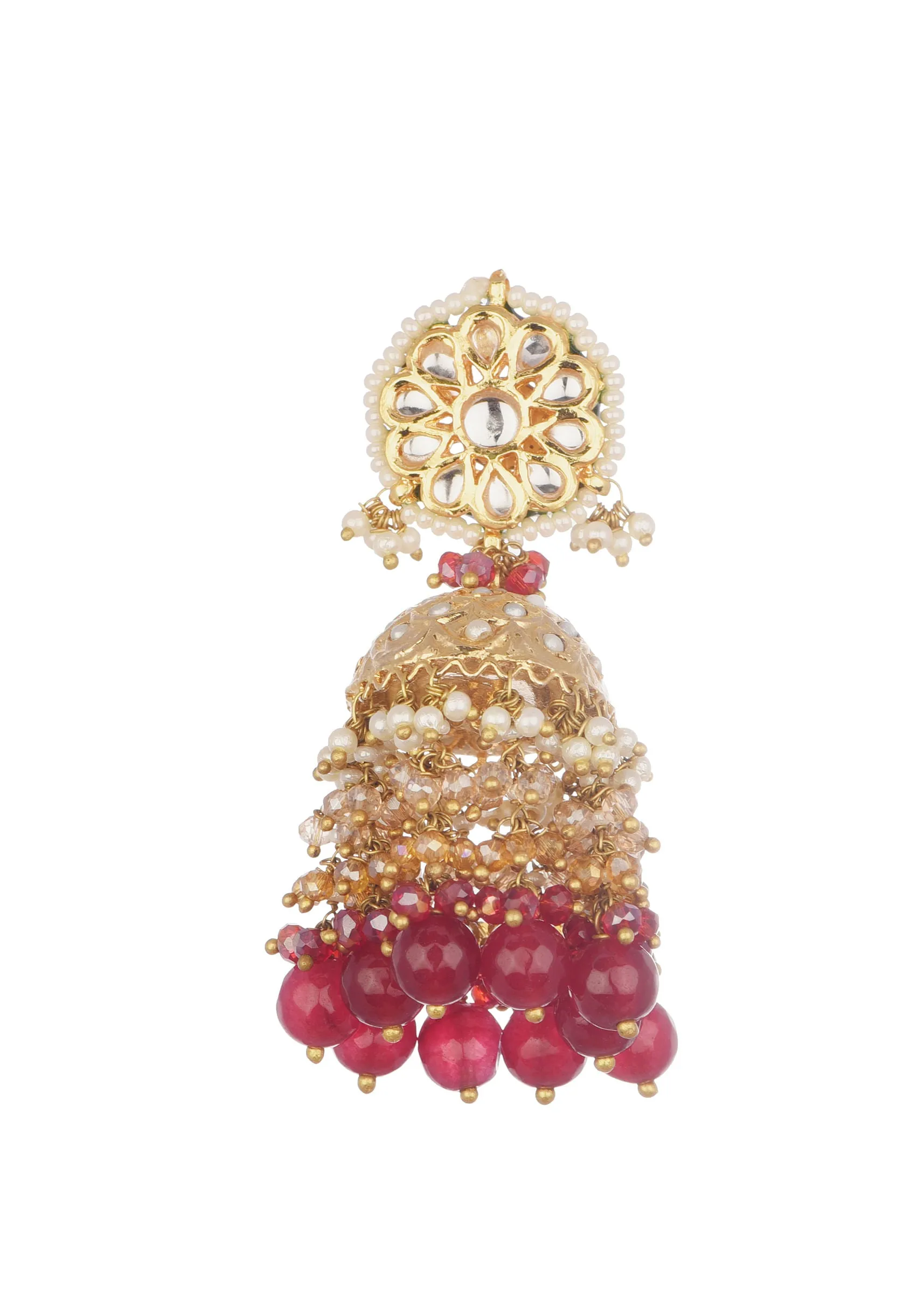 Gold And Red Kundan Dangler Earrings In Mix Metal