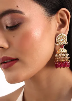 Gold And Red Kundan Dangler Earrings In Mix Metal