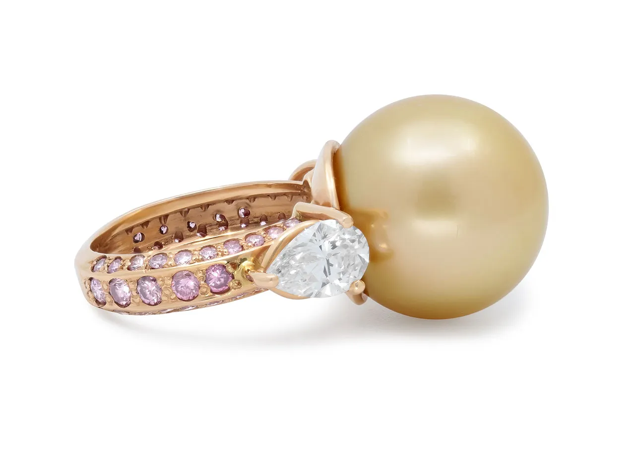 Gold South Sea Pearl and Pink and White Diamond Ring in 18K