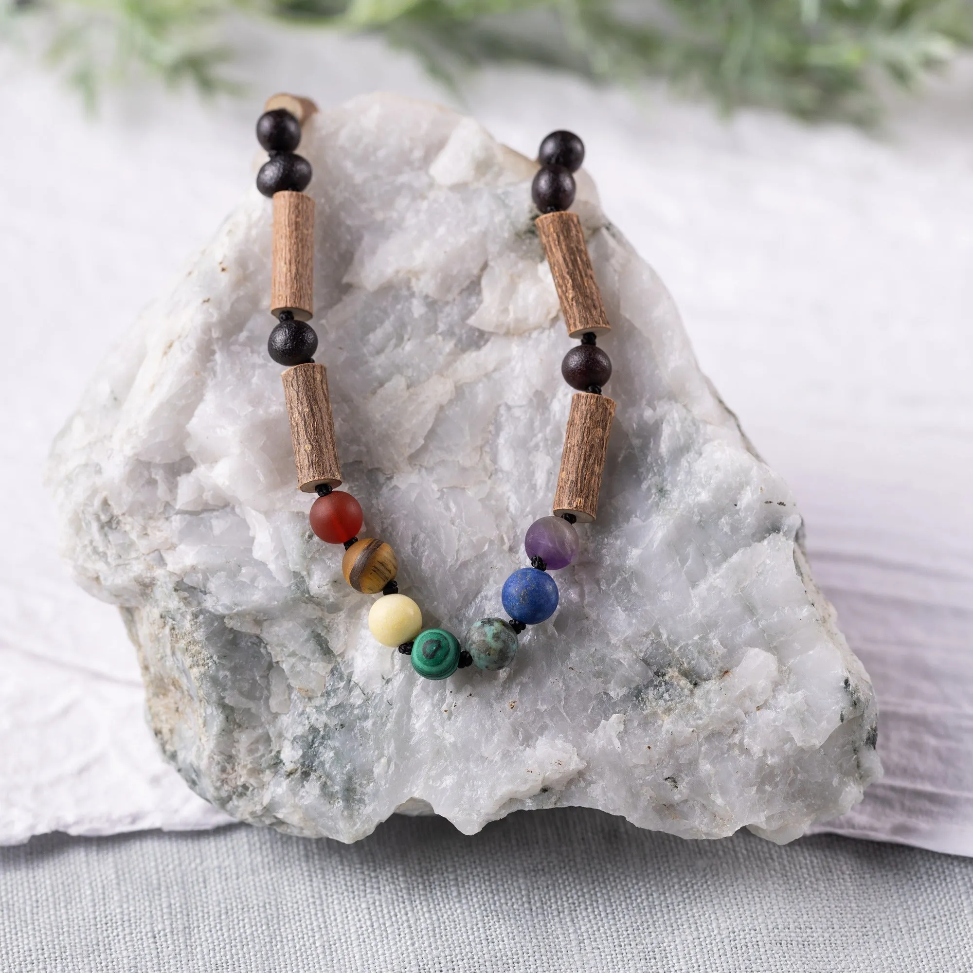 Kids | Rainbow Chakra   Raw Cherry Amber Hazelwood Necklace
