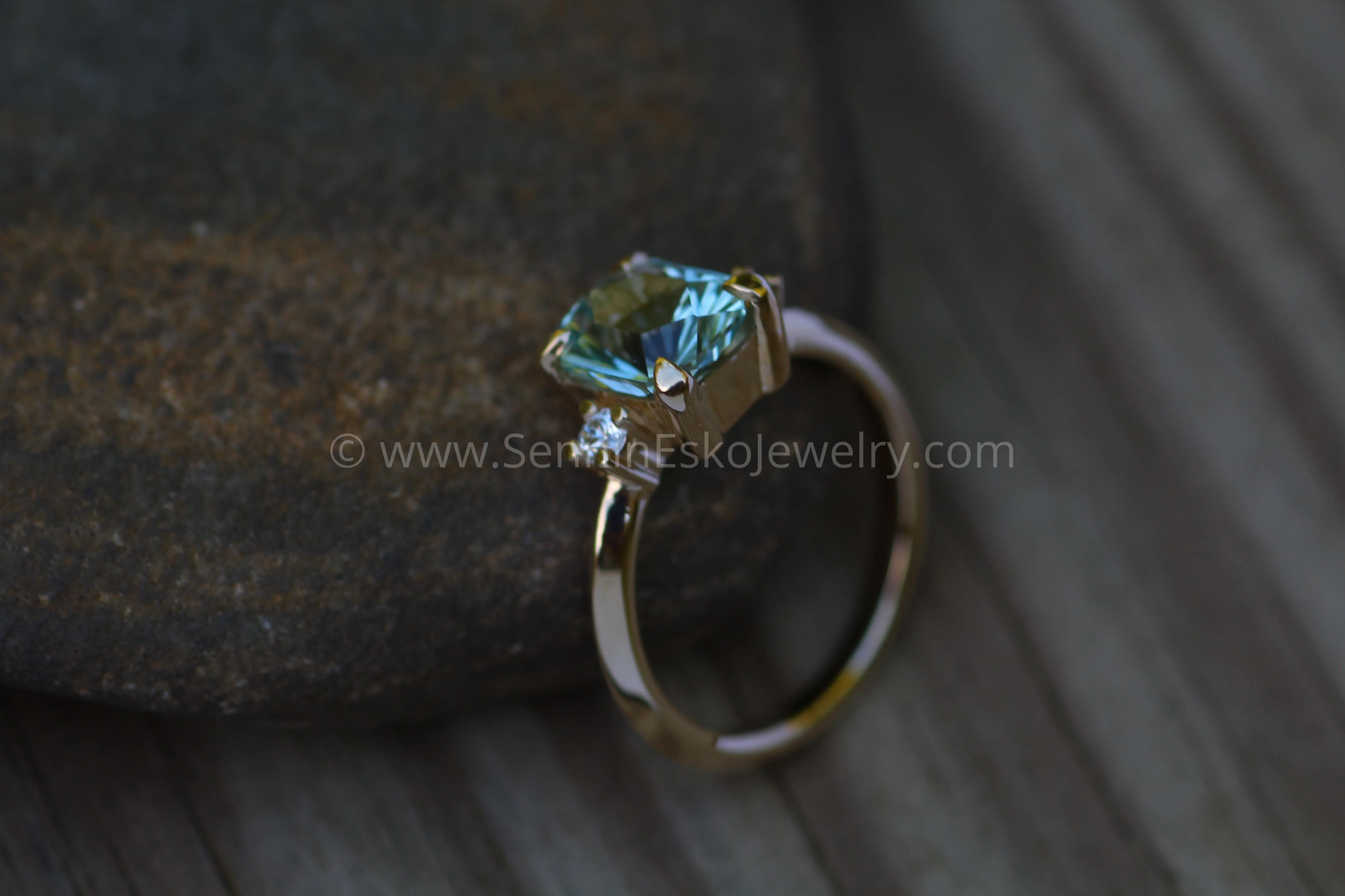 Mediumweight 3x Gem Prong Setting with Round Diamnd Accents - 1.6 Carat Aquamarine Depicted (Setting Only, Center Stone Sold Separately)