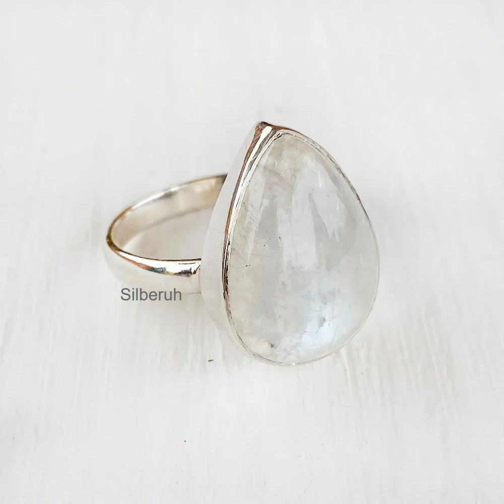 Rainbow Moonstone Teardrop Silver Ring