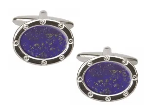 Rhodium Plated Oval Shaped Port Hole Lapis Lazuli Cufflinks